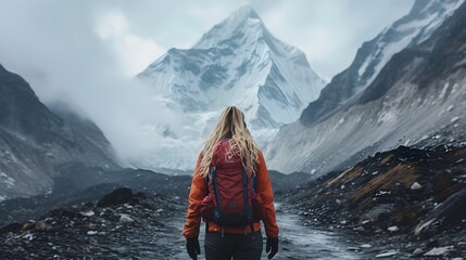 A woman hiker reaches the mountain peak, taking in the breathtaking view of the snow-capped Alps. Back view of person photo, landscape nature.