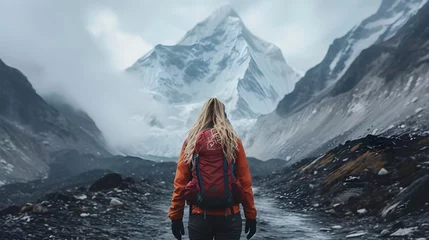  A woman hiker reaches the mountain peak, taking in the breathtaking view of the snow-capped Alps. Back view of person photo, landscape nature. © Alice a.