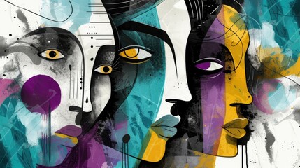 Creative fusion of abstract black and white cubist faces with lively splatters of teal, maroon, blue, yellow and purple, vibrant artistic illustration