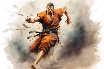 Monk martial artist in fighting pose. Watercolor sketch - 750428283