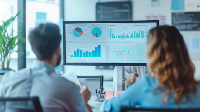 Office workers looking at  business data analysis on screen