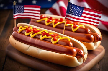Hot dog with mustard and small USA flag on napkin