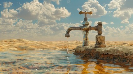 Rusty tap with water in a desert, symbolizing scarcity. - obrazy, fototapety, plakaty
