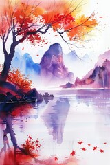 Vibrant watercolor painting of autumn trees and mountains.