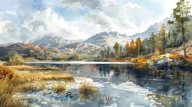 Watercolor of a mountainous landscape by a lake with autumn hues.