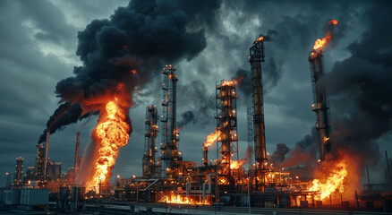 Major fire at an industrial oil refinery. - obrazy, fototapety, plakaty