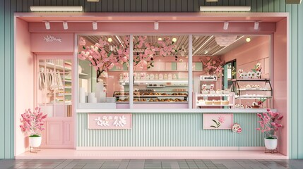 A minimalist and charming front view of a bakery shop adorned with delicate little flowers in shades of white, pink, and pastel green