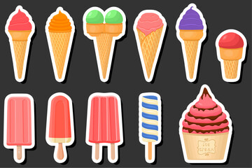 Illustration on theme big kit ice cream popsicle different types in cone waffle cup