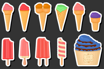 Illustration on theme big kit ice cream popsicle different types in cone waffle cup