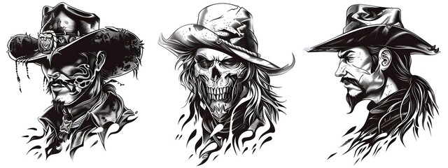 A bundle of skeleton cowboy isolated outline black and white design.