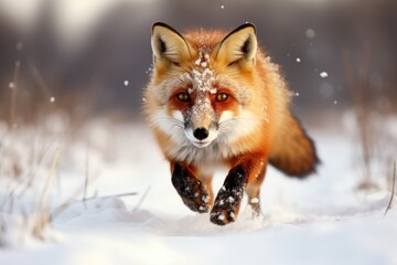 Obraz premium Lone red fox standing alert in a snowy winter field, Beautiful Red Fox in a snow-covered field hunting, late afternoon sunlight., Ai generated