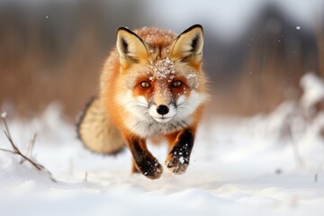 Obraz premium Lone red fox standing alert in a snowy winter field, Beautiful Red Fox in a snow-covered field hunting, late afternoon sunlight., Ai generated