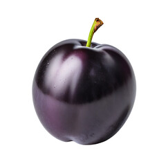 Pristine purple plum with a fresh green stem, highlighted by a soft shadow on transparent background