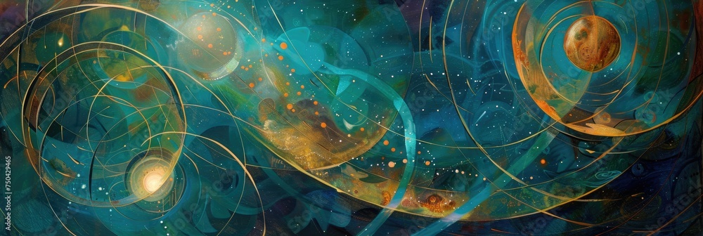 Wall mural abstract formations resembling planetary orbits and cosmic trajectories against a backdrop of swirli