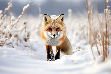 A red fox hunting in the snowy fields, a Red Fox in prime winter coat hunting in a snowy field on a late winter day, Ai generated