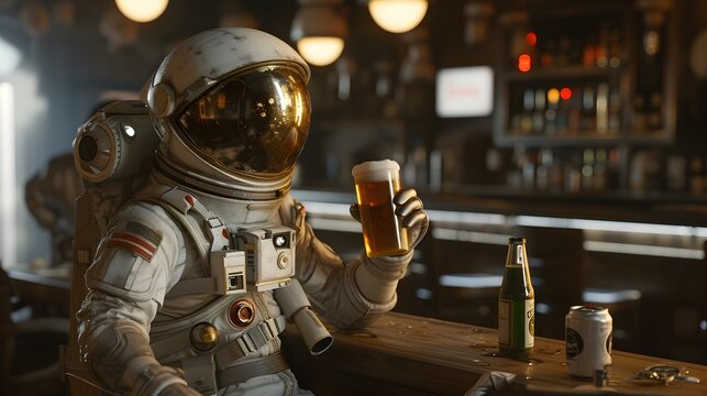 A astronaut in suit uniform drinking a beer in bar at downtown.
