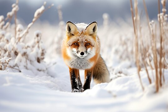 A red fox hunting in the snowy fields, a Red Fox in prime winter coat hunting in a snowy field on a late winter day, Ai generated