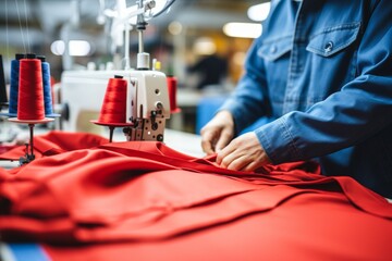 Textile cloth factory tailoring process, professional seamstress, wage increase advocacy - obrazy, fototapety, plakaty