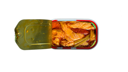 Canned Tuna Isolated, Albacore Fish Chunks in Open Tin Can, Tuna Oil Preserve, Seafood Conserve on White Background 