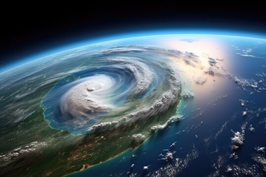  American hurricane in Florida state of United States showing a satellite view of the United States from space. 3D illustration with detailed planet surface, , Ai generated