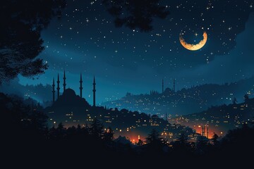 Naklejka premium ramadan decoration and islamic watercolour greeting card background with a mosque landscape