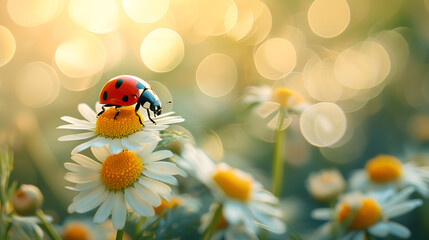 Ladybug on the chamomiles flower spring background. generative ai