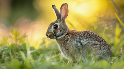Fototapeta premium A rabbit in the grass, sunlight casting a warm glow behind it.