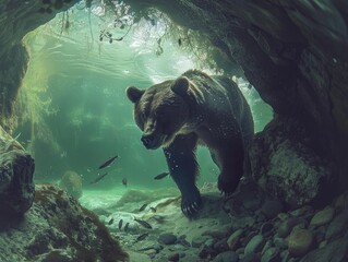 Grizzly bear exploring an underwater cave, fish darting around, a surreal blend of wilderness