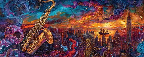 Jazz from a skyscraper rooftop, overlooking a pirate ship in a sea of DNA, wildfire colors the sky