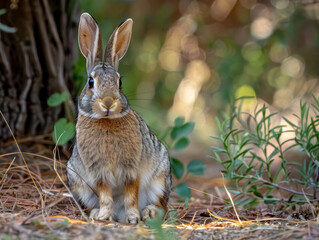 Fototapeta premium A curious rabbit seated under a tree, surrounded by nature.