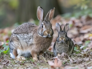 Fototapeta premium A mother rabbit with her kit, nestled on the forest floor.