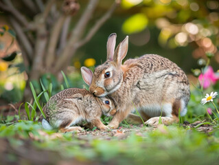 Fototapeta premium Two rabbits bonding, with one grooming the other in a tender moment.