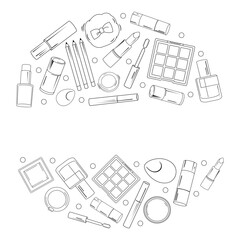 Vector round frame with hand drawn black outline makeup elements for text. Vignette with cosmetics