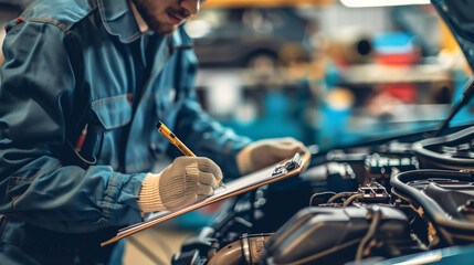 A mechanic carefully reviews a repair plan on a clipboard while standing in front of the car