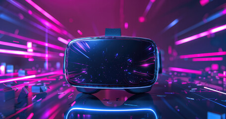 Futuristic VR headset on neon grid, concept of virtual reality and spatial computing tech.