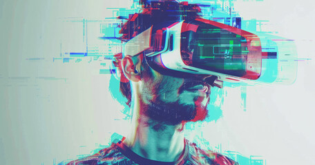 A man with VR headset displaying futuristic interface screens. Concept of Virtual Reality and Spatial Computing.
