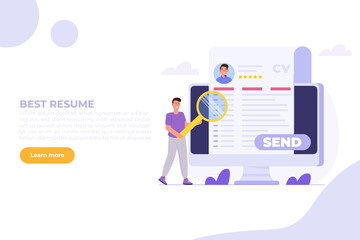 Job searching. Send online cv or upload resume, apply for jobs. Employee recruitment data paper. Cartoon Flat Vector illustration for banner, website, landing page, flyer.