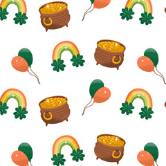 Seamless endless pattern for St. Patrick's Day. Irish traditional holiday. Treasure hunt and party at the bar. Vector illustration on a transparent background.
