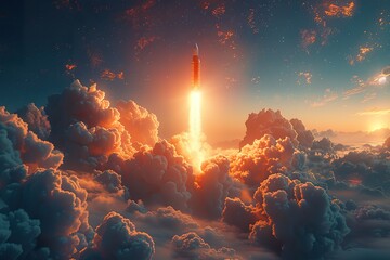 Rocket launch dreamscape, fluffy clouds, space for text