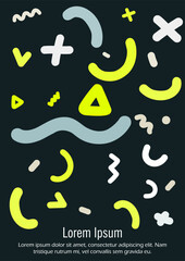 Abstract Minimal Vector Background in Trendy Doodle Style.   Vibrant Graphic Print with Dynamic Lines and Geometric Shapes.  Set of Vivid Poster 80s - 90s Design for Landing Page, Cover, Brochure.