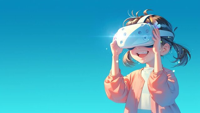 A cute and cheerful animation of a little girl wearing virtual reality sunglasses and exploring a colorful world. Copy space for text. Enchanted 4k seamless loop video