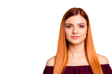 Charming and lovely young woman looks at camera isolated on yellow background with copy space for text