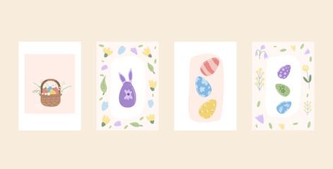 Happy Easter posters set templates. Rabbit with eggs, basket of flowers and frames vertical banners. Spring holiday greeting cards collection. Vector flat illustration