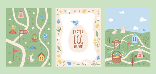 Easter egg hunt posters set templates. Rabbit with eggs basket and flowers vertical banners. Spring holiday greeting cards collection. Vector flat illustration