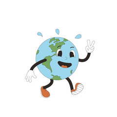 Earth walking in mascot retro style. Cute planet character going and makes victory sign with his hand isolated on white background. Vector illustration