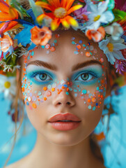 Schönes Gesicht mit bunten Farben und Kopfschmuck aus Blütenblätter im Seitenprofil als Nahaufnahme, ai generativ