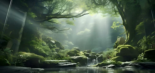 Fotobehang Fantasy landscape with a waterfall in the forest. 3d rendering © Wazir Design