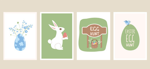 Easter egg hunt posters set templates. Rabbit with eggs basket and flowers vertical banners. Spring holiday greeting cards collection. Vector flat illustration