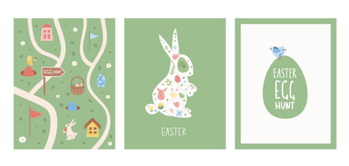 Easter egg hunt posters set templates. Rabbit with eggs basket and flowers vertical banners. Spring holiday greeting cards collection. Vector flat illustration