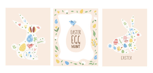 Easter egg hunt posters set templates. Rabbit silhouette with eggs and frame beige vertical banners. Spring holiday greeting cards collection. Vector flat illustration